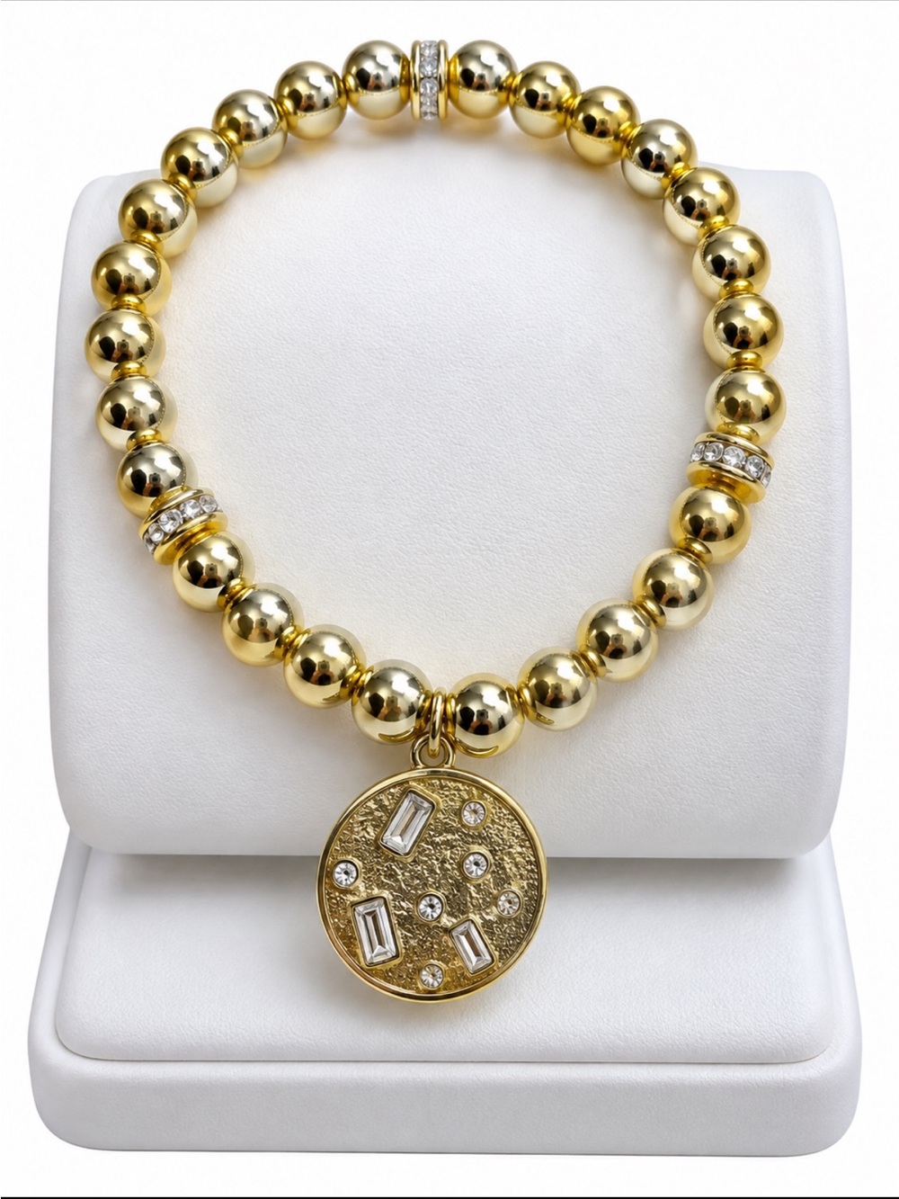 Gold Beaded Pendant Stretch Bracelet with CZ Stones and Gorgeous Rondells NEW